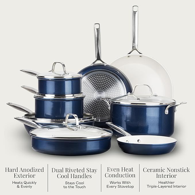 GOTHAM STEEL PRO 13 Pc Ceramic Cookware Set Nonstick, Pots and Pans Set Non Stick for Kitchen, Hard Anodized Induction Cookware, Non Toxic Made Without PFOA PFOS, Oven & Dishwasher Safe – Navy Blue