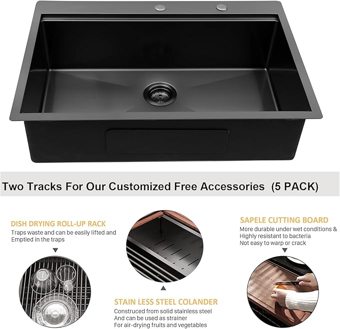 Lordear 28 Inch Drop in Kitchen Sink Gunmetal Black Drop in Single Bowl 16 Gauge Stainless Steel Ledge Workstation Topmount Overcounter Handmade Sink Basin, 28"x22"x10"