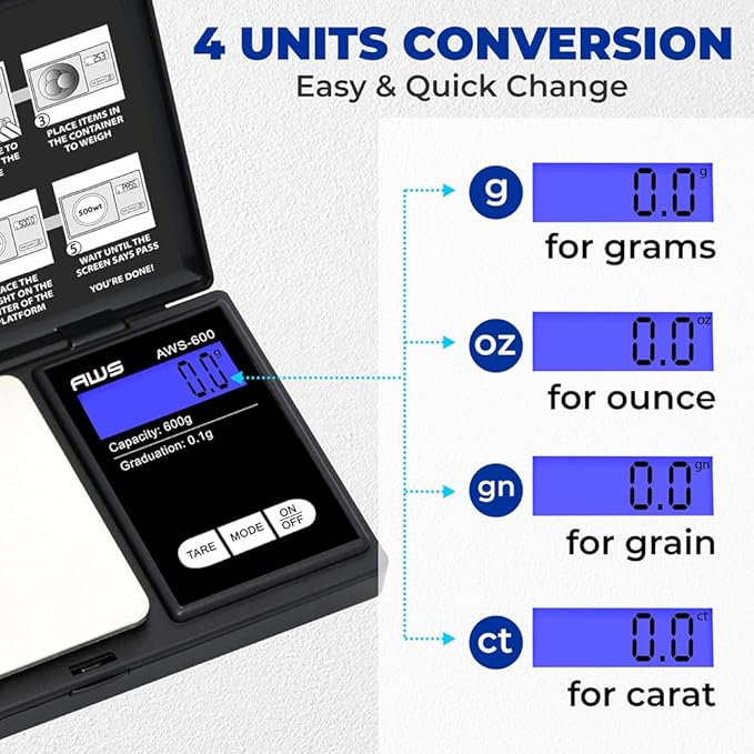 American Weigh Scales Digital Pocket Scale 600g x 0.1g with LCD Display Gram, Ounce, Carat, Grain for Coins, Jewellery, Gemstones, Metals, Kitchen, Food & Medicines – Black