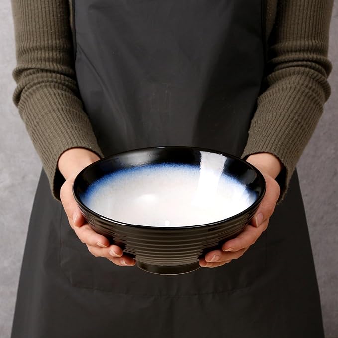 NUTRIUPS 8 Inch Ceramic Ramen Bowl Set of 2 Pho Bowls 40oz Japanese Noodle Udon Soup Bowls with Spoons and Chopsticks (Moon Blue)