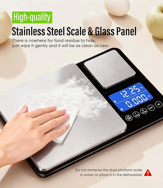 Digital Dual Platform Kitchen Scale, 33 lb Large & 1.1 lb Mini Food Scale with Dual-Line LCD Display, Stainless Steel, High Precision for Baking, Cooking, and Meal Prep