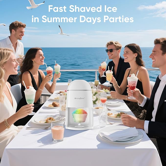 StrongBear Snow Cone Shaved Ice Machine, Electric Ice Shaver Slushie Machine, Snowcone Maker for Home Kids Summer Party, Includes 2 Reusable Ice Mold Cups, 1 Glass Goblet, 1 Non-slip Mat, White