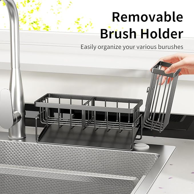 Sponge Holder & Sink Caddy Organizer - Rustproof Kitchen Sink Organizer with High Brush Holder - Kitchen Essentials Countertop Storage Organization (Grey)