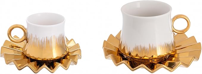 Turkish Coffee Cup Set of 6 with Saucers & Tray - Luxury Arabic Greek Japanese Marble Ceramic Tea Cups for Espresso Cappuccino Latte Mocha, Ideal Gift - 3.5oz,- White