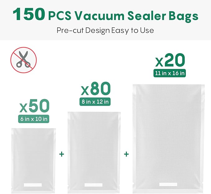 FRESKO Vacuum Sealer Bags, 150 Gallon 11" x 16" and Quart 8" x 12" and Pint 6" x 10" BPA Free PreCut Bag, Commercial Grade Food Vac Bags for Storage, Meal Prep or Sous Vide