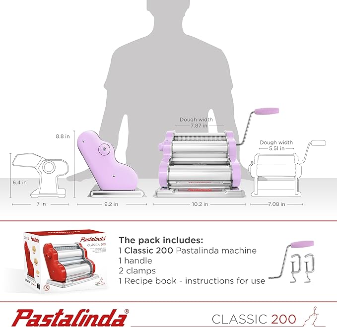 PASTALINDAClassic 200 Pasta Maker Machine, 20 cm Wide Rollers, 9 Thickness Positions, 2 Cutting Positions, Stainless Steel. Includes Reinforced Hand Crank And Two Clamps