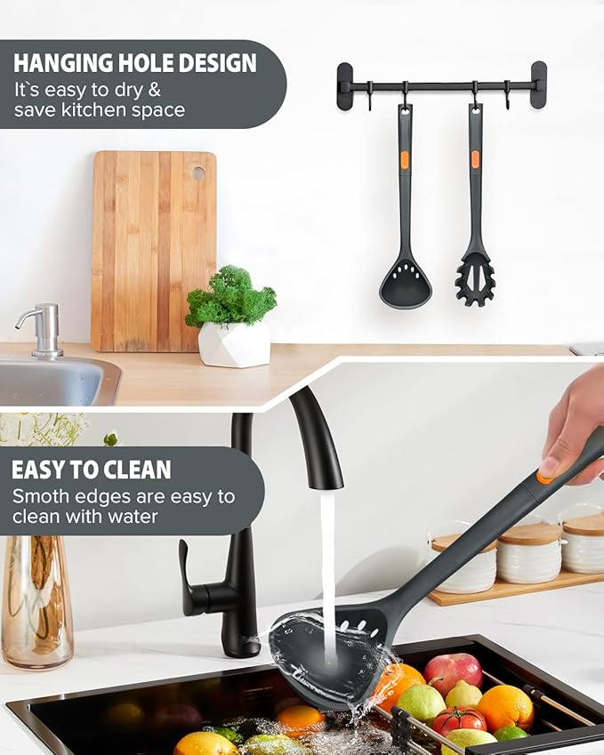 Silicone Pasta Fork and Ladle Spoon Set, Large Non Stick Kitchen Utensils for Cooking,Stirring,One Piece Serving Spaghetti, Soup, Sauce (GREY)