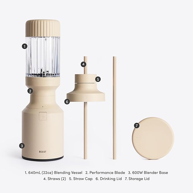 The Beast Mini Blender | Mini Countertop Kitchen Blender | Blend Smoothies and Shakes, Dressings, Sauces, Dips | Straw Cap and Straws Included | 600W (Sand)