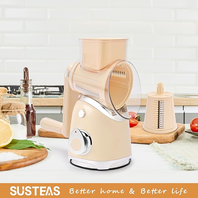 SUSTEAS Rotary Cheese Grater with Handle, Vegetable Slicer, 6 Interchangeable Blades, Reinforced Suction, Easy to Clean, Kitchen Shredder for Crushed Ice, Fruits, Nuts with Blade Storage Case, Beige