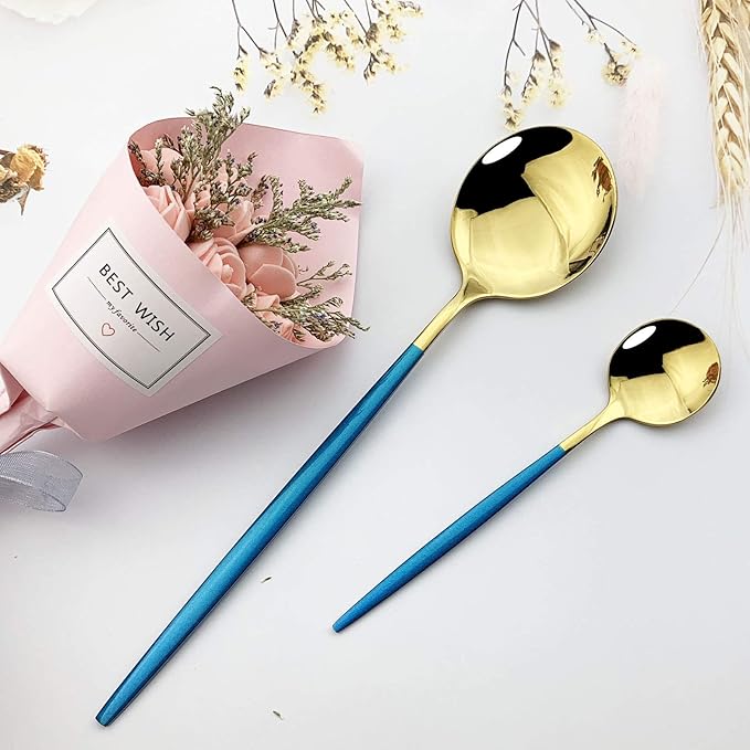 JASHII Flatware Serving Set 24 Piece, Stainless Steel Silverware Set, Blue Gold Cutlery Set, Modern Elegant Tableware Set for Party, Christmas, Dinner (Blue Gold)