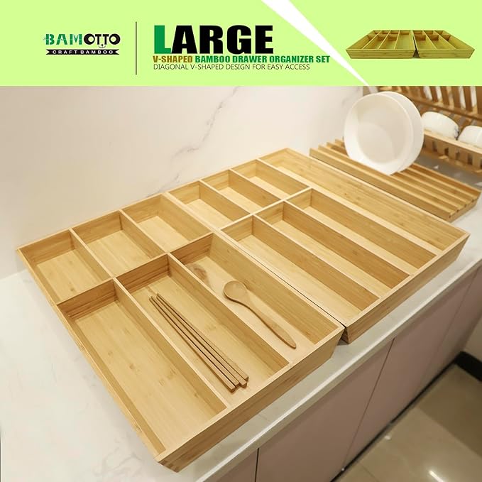 V-Shaped Extra Large Bamboo Drawer Organizer Set of 2, Kitchen Cutlery Tray Utensil Plate, Flatware&Silverware Storage Box, Wood Organizer for Bedroom, Living Room (19.6"x14.6" & 19.6"x12.4")