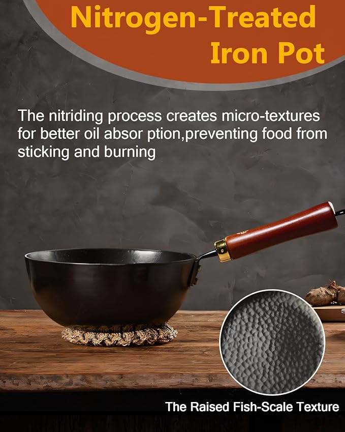 WANGYUANJI Iron Wok,Non-Coated Flat Bottom Small Wok,8.6-Inch Wrought Iron Wok with Lid and Spatula,Stir-Fry Pans Pure Iron Cookware Compatible with Induction, Gas, and Electric Ceramic Cooktops