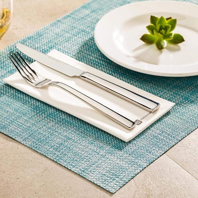 Restaurantware Carmel Mesh 16 x 12 Inch Table Placemats Set Of 6 Woven Washable Placemats - Heat Tolerant No Stain Blue Vinyl Kitchen Placemats With Pearl Threads Easy To Clean