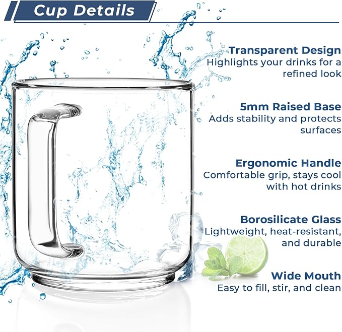 Aquach 22oz Large Clear Glass Coffee Mugs Set of 2 - Serve as General Drinking Glasses for Water, Coffee, Tea, and Juice