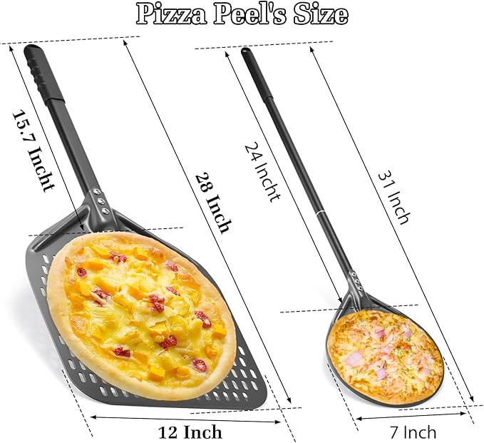 12 Inch + 7 Inch Perforated Pizza Peel Set, Turning Peel With Metal Handle, Spatula Paddle for Homemade Oven Accessories