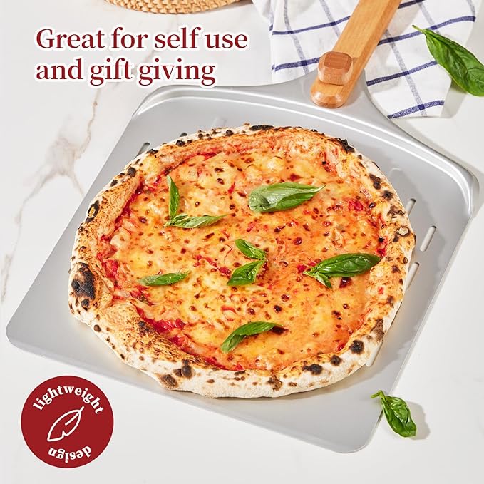 Perforated Pizza Peel, 12 inch Anodized Aluminum Pizza Spatula Paddle with Foldable Wood Handle, Lightweight Pizza Turning Peel for Baking Bread, Easy Storage Pizza Oven Accessories Tools