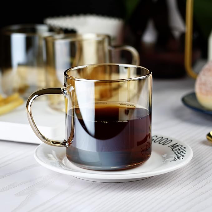 LUXU 4pcs Set Simple Glass Coffee Mugs-Hand Blown&Seamless Design,14 oz Amber Coffee Cups-Heat Resistant and Explosion-Proof,Lightweight Tea Mugs with Anti Scald Handle Ideal for Home,Cafe,Coffee Bar