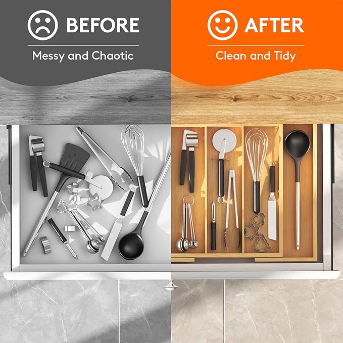 Lifewit Utensil Organizer for Kitchen Drawer, Expandable 13 to 22.4 Inches Wide, Adjustable Cooking Silverware Tray, Bamboo Cutlery Flatware Holder, Spatula Tools and Gadgets Storage Divider, Natural