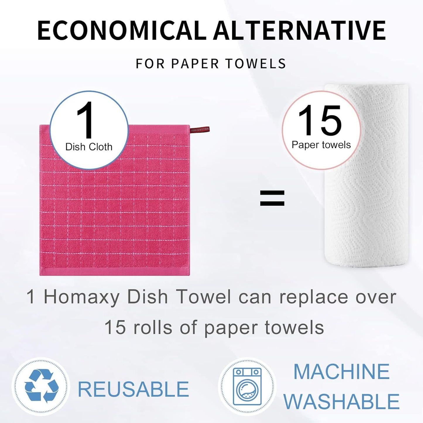Homaxy 100% Cotton Terry Kitchen Dish Cloths, Ultra Soft and Absorbent Dish Towels for Kitchen, Suitable for Drying and Washing Dishes, 8 Pack, 12 x 12 Inches, Rose Red