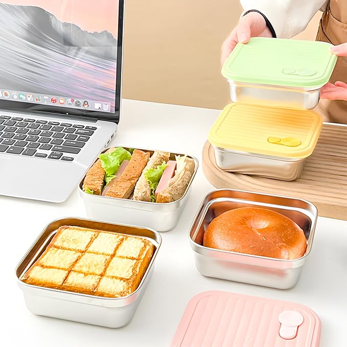 2 Pack Sandwich Containers, 20oz Stainless Steel Sandwich Box with Lids, Reusable Metal Meal Prep Lunch Boxes, BPA-Free, Dishwasher Safe, Food Storage Containers for Snacks & Fruits (White, Pink)