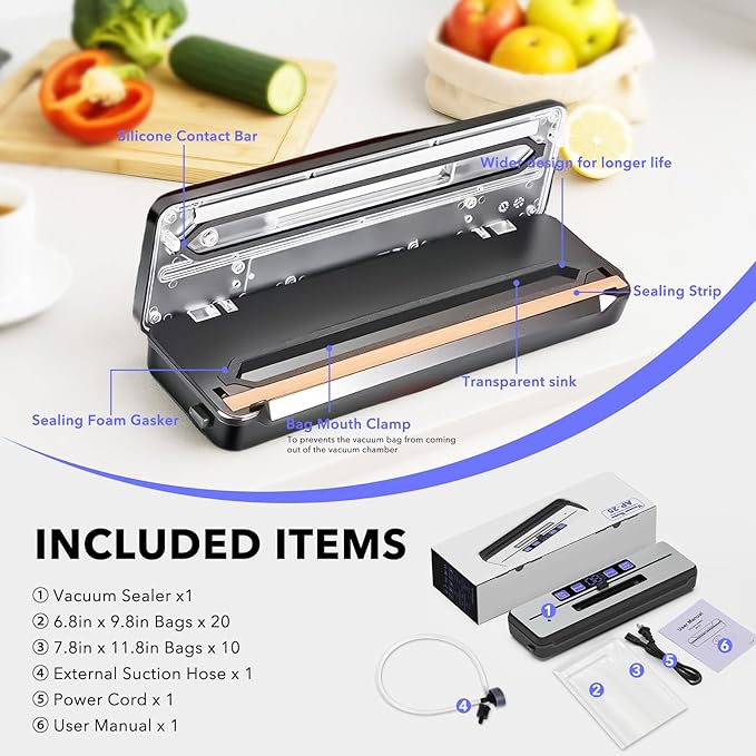Food Saver Vacuum Sealer Machine + 30 Vacuum Bags, 7-in-1 Multi-Functional Vacuum Sealer, Food Sealer for Freshness Storage, with Dry & Moist Food Modes, Double Heat Seal, Built-in Cutter, Silver