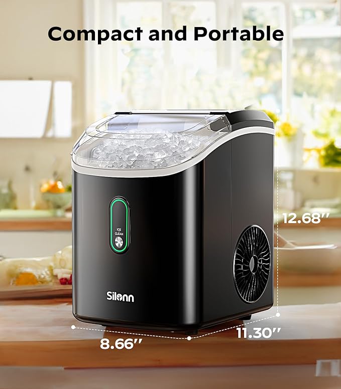 Silonn Nugget Ice Maker Countertop, Pellet Ice Machine with Self-Cleaning Function, Sonic Ice Maker Produces 33lbs of Chewable Ice in 24 Hours, Ideal for Home Kitchen and Office (Black)