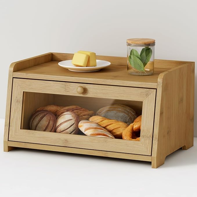 Wood Bread Box for Kithcen Countertop, Rustic Breadox Storage Container for Homemade Bread, Small Bread Keeper Holder Organizer with Window (Natural Bamboo)