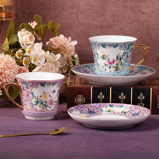 KAMMAK Tea Cups and Saucers Set of 2, Porcelain Coffee Cups with Saucer for Espresso, Cappuccino, 8oz Vintage Pink and Blue Ceramic Demitasse Mug for Home, Tea Party, Office