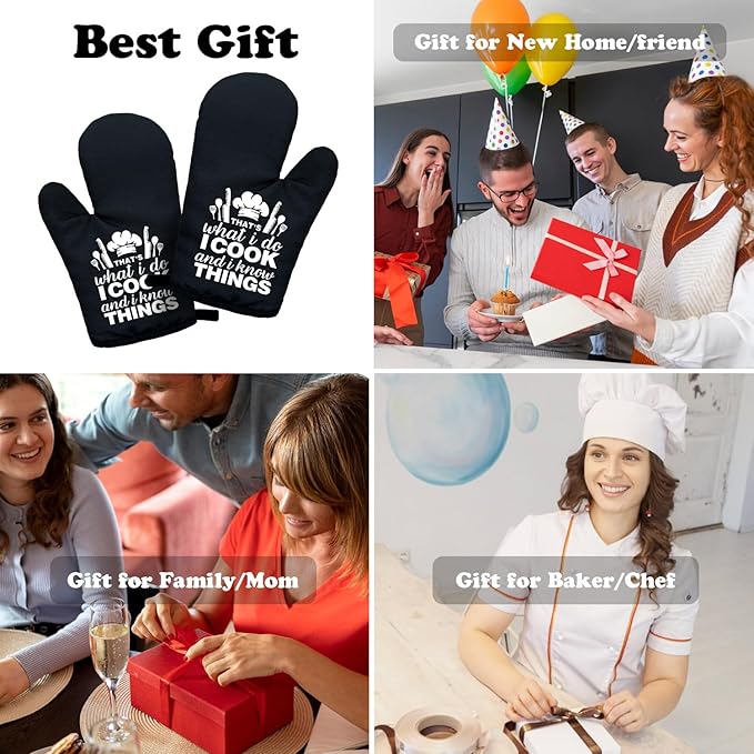 Funny Black Women Men Cooking and Baking BBQ Kitchen Gadgets with Heat Resistant Silicone Non-Slip, That's What I Do I Bake and I Know Things Oven Mitts Set of 2, Gifts for Bake Lover Mom Dad BBF