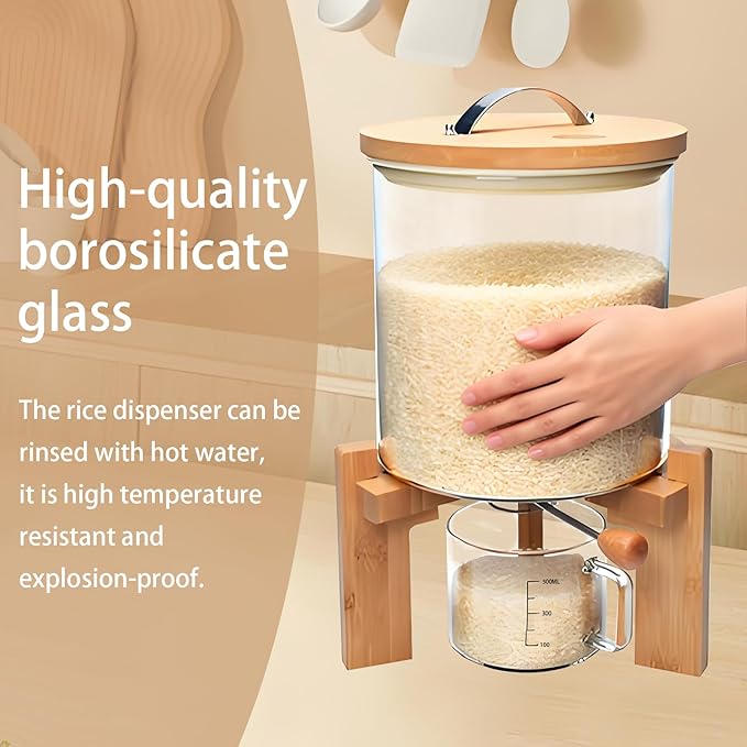 Rice Dispenser, Rice Storage Container, Flour and Cereal Container for Kitchen Organization and Pantry Store, Glass Cereal dispenser with Airtight Lid and Wooden Stand 8L