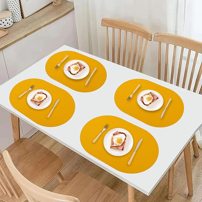 Oval PU Placemats Set of 6,Reversible Faux Leather Placemat for Dining Table,Waterproof Heat Resistant Wipeable Anti Slip Table Mats,Modern Table Protectors(Yellow and Silver)