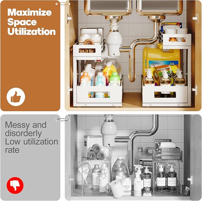 2-Pack 20.47"Deep Under Sink Organizer And Storage,2-Tier L-Shaped Pull Out Cabinet Organizer with Upgraded Slide Rails,Height Adjustable Drawers for Kitchen&Bathroom,Extra-Large Storage Shelves–White