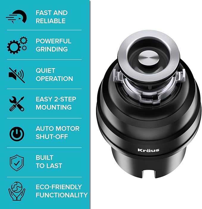 KRAUS WasteGuard 1 HP Ultra-Quiet Garbage Disposal with Quick Connect, Kitchen Sink Drain Cover, Power Cord and Flange Included, KWD100-100MBL
