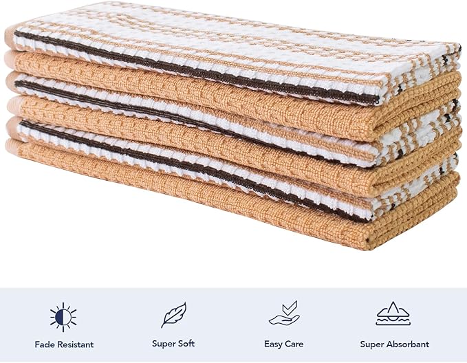 CRAFTSWORTH Kitchen Towels, 15x26 Inches, Pack of 6, 400 GSM, 100% Ring Spun Cotton, Tan Solid & Stripe, Super Soft & Absorbent
