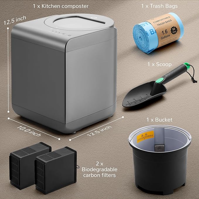 Airthereal Revive Electric Kitchen Composter with Visual Cover, Upgraded SHARKSDEN® Tri-Blade, Turn Food Waste and Scraps into Natural Fertilizer for Plants, R500-V, Grey