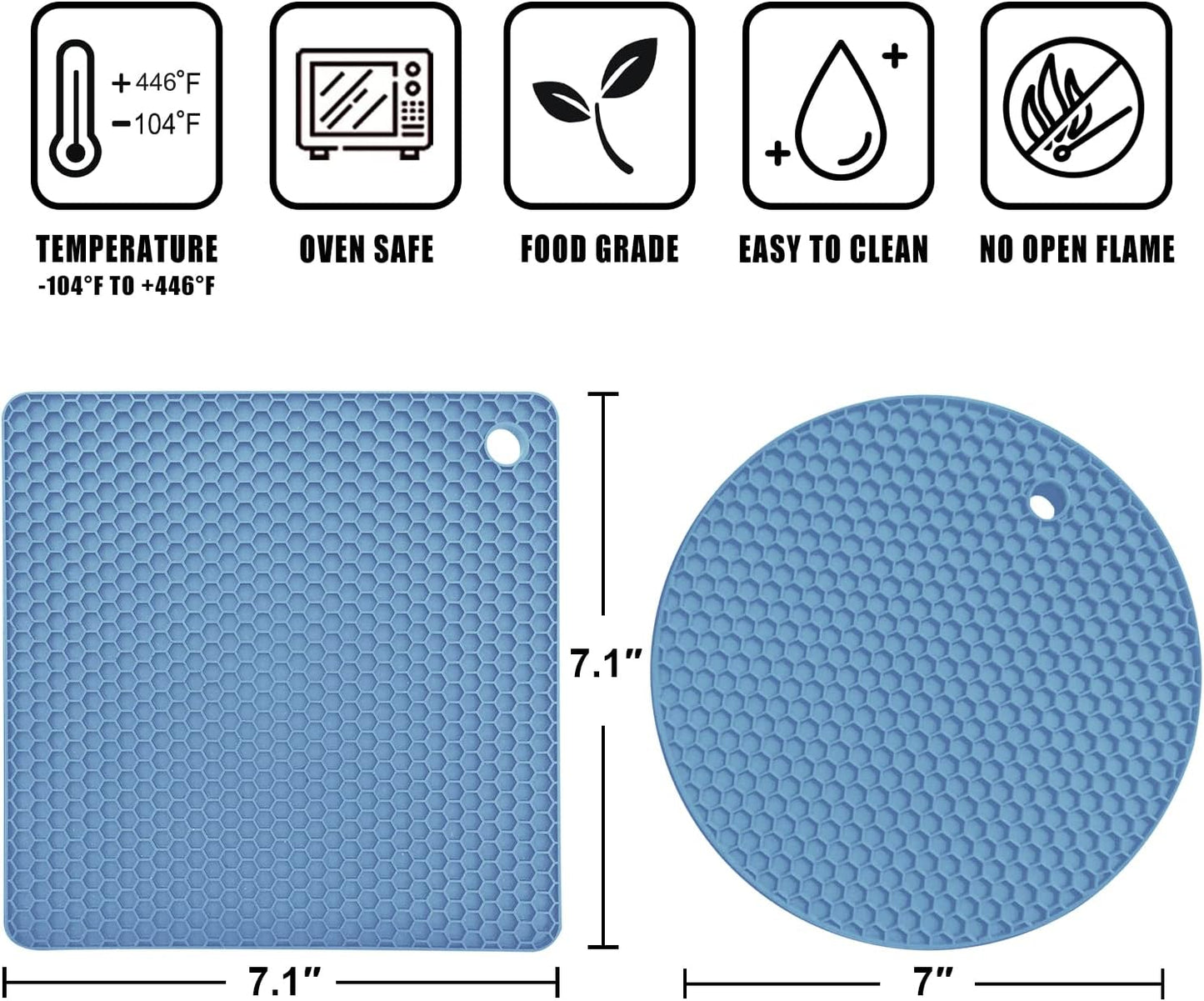 Walfos Silicone Trivet Mats - 4 Heat Resistant Pot Holders, Multipurpose Non-Slip Hot Pads for Kitchen Potholders, Hot Dishers, Jar Opener, Spoon Holder, Food Grade Silicone & BPA Free (Nordic Blue)