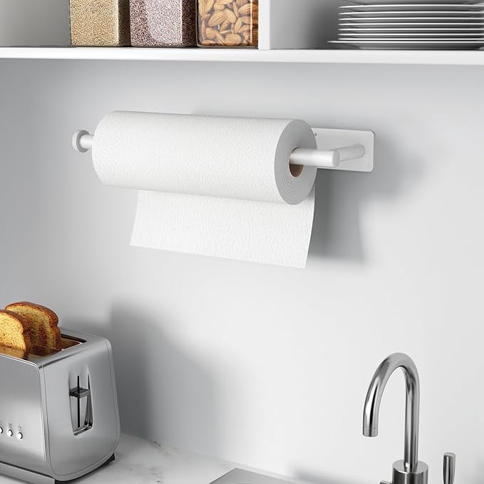Paper Towel Holder - Self-Adhesive or Drilling, White, Wall Mounted, SUS304 Stainless Steel Kitchen Roll Dispenser Under Cabinet
