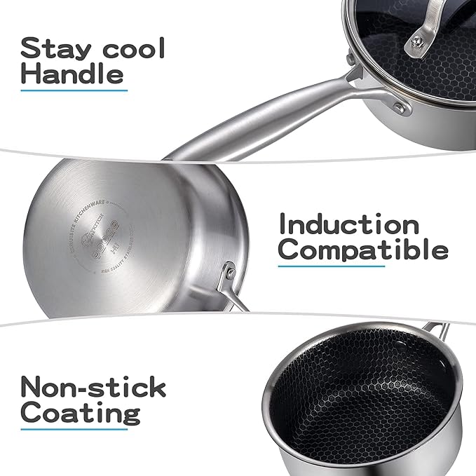 LOLYKITCH 2.5 QT Hybrid Tri-Ply Stainless Steel Non-Stick Saucepan with Lid,Induction Sauce Pot,Dishwasher and Oven Safe.