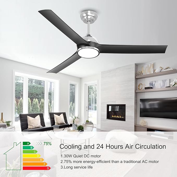 52 Inch Black Ceiling Fan with Lights Remote Control,Quiet DC Motor/Dimmable 3 Colors LED/6 Speed High CFM/3 Blade Indoor Ceiling Fan for Bedroom Living Dining Room or Outdoor Porch