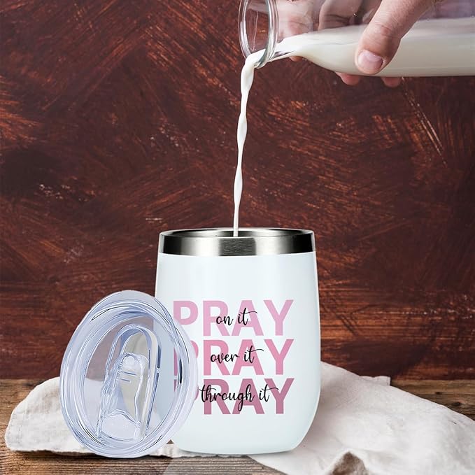 Inspirational Pray Christian Gifts for Women Men Wine Tumbler Insulated Wine Glasses 12 oz Tumbler with Lid Bible Verse Religious Gifts for Mom Grandma Coworker Boss Birthday Christmas Appreciation