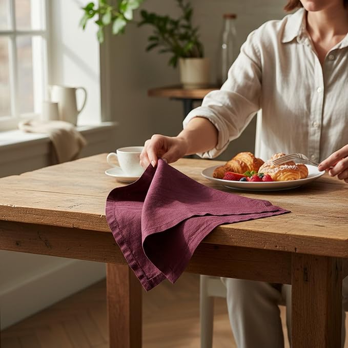 Hemstitched Linen Napkins – 20 Inch x 20 Inch – Stonewashed Pure Linen Cloth Dinner Napkins with Mitered Corners - 100% French Flax – Machine Washable - Set of 4 (Burgundy)