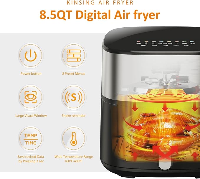 Air Fryer 8 in 1, XL 8.5 QT Large Airfryer with View Windows,MAX 400℉ for Crispy, 85% Less Oil, Fast Roast, Preheat, Shake, Bake, Non-Stick Basket for Easy Clean, With Professional Recipes