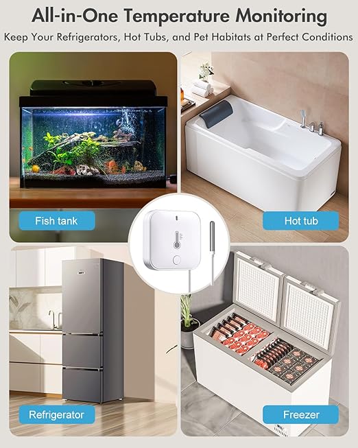 WiFi Freezer Thermometer Alarm, Freezer Alarm with App Notifications, Digital Fridge Thermometer with Loud 90dB, 2 Remote Wireless Temperature Sensors for Home Kitchen Fridge Fish Tank