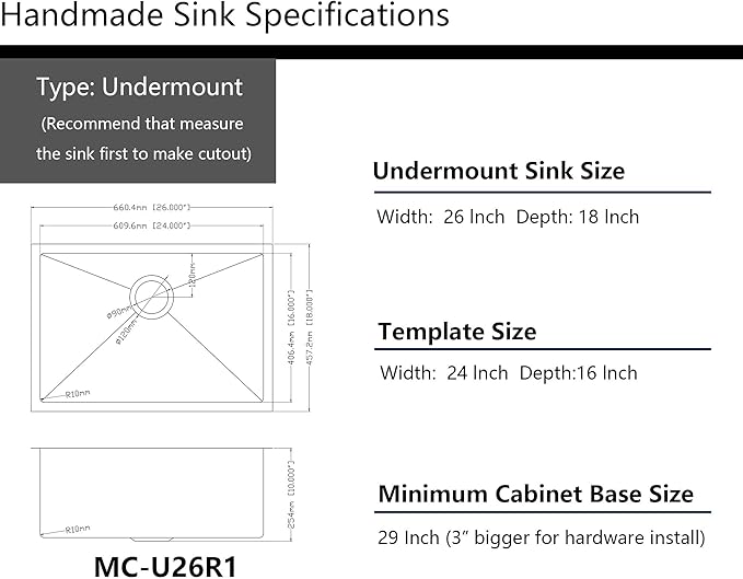 Mocoloo 26 inch Undermount Kitchen Sink - 26x18 Stainless Steel Sink 16 Gauge Round Corner Single Bowl Deep Basin