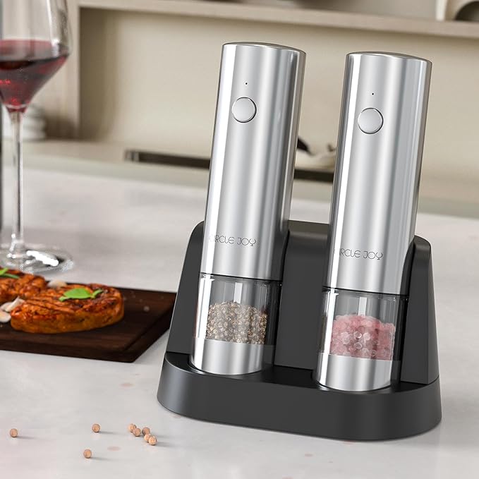 CIRCLE JOY Electric Salt and Pepper Grinder Set Stainless Steel Spice Grinder Automatic Pepper Mills with Easy-to-Carry Dual Charging Station, White Led Light, and Adjustable Coarseness, Silver