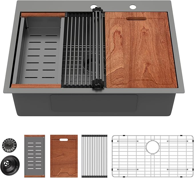 Lordear 30 Black Kitchen Sink Drop In 30 x 22 Topmount Kitchen Sinks Workstation 16 Gauge Stainless Steel Gunmetal Black Single Bowl Topmount Handmade Sink Basin with Drain Strainer