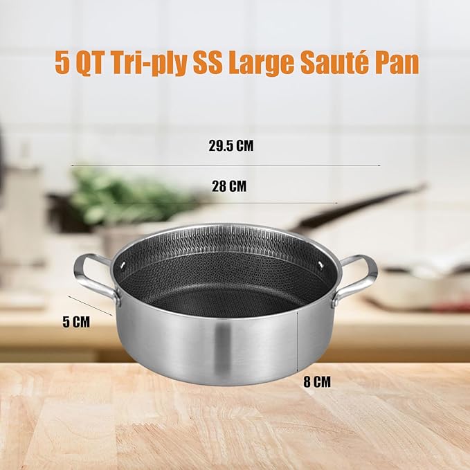 Inqibee 5 QT Hybrid Tri-Ply Stainless Steel Ceramic Non Stick Sauté Pan with Lid,Induction Cooking Pot,Large Skillet,Dishwasher and Oven Safe