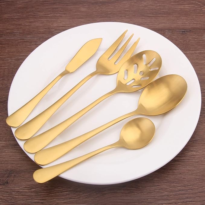 Matte Gold Serving Set,SHARECOOK 5-Piece 18/0 Stainless Steel Large Hostess Set with Round Edge, Satin Finished, Dishwasher Safe -Spoons, Forks,Butter Knife& Slotted Spoon