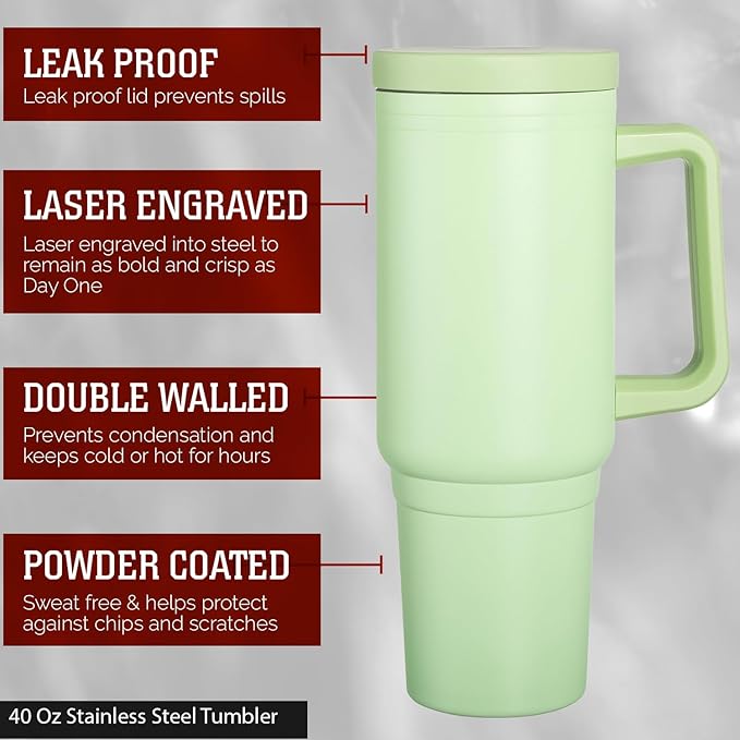 Lemon Green 40oz Insulated Tumbler with Handle, Lid & Straw - Use for Water, Tea, Coffee & More-Disabled USMC Vet Owned Small Business