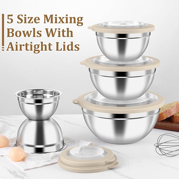 P&P CHEF Mixing Bowls with Visible Airtight Lids Set of 5, 10-Piece Stainless Steel Mixing Nesting Bowl, Metal Bowl with Lid for Kitchen Prepping & Storing, Size 4.6, 3, 1.5, 1, 0.7 QT, Khaki